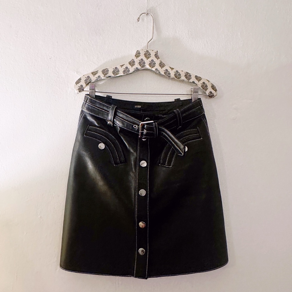 Maje Janaille Leather Belted Mini Skirt Black Silver Lambskin A-Line - Picture 3 of 8
